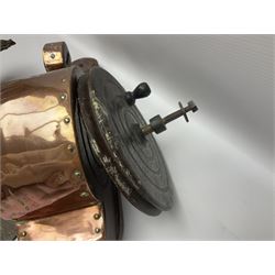 Two 19th century copper tankards, one with weighted wooden base, together with copper and wooden mechanical bellows, sundial and other metalware 