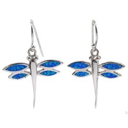 Silver blue opal dragonfly pendant earrings, stamped 925 