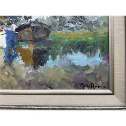 John Ambrose (British 1931-2010): Boats Resting in the Harbour, oil on board signed 29cm x 39cm 