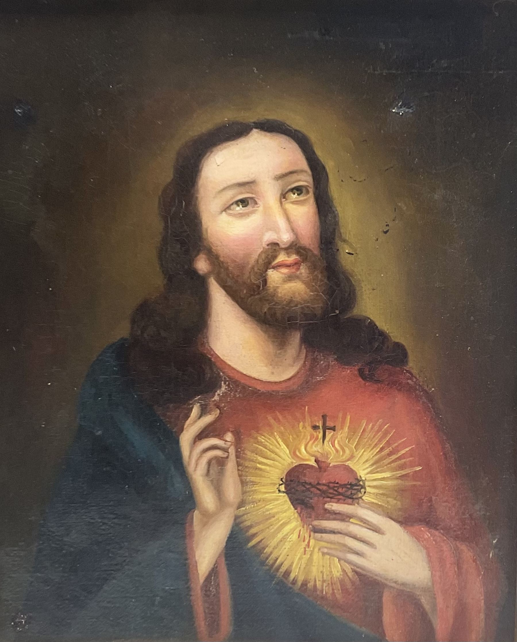 After Pompeo Girolamo Batoni (Italian 1708-1787): 'The Heart of Jesus', oil on canvas unsigned 22cm x 18cm