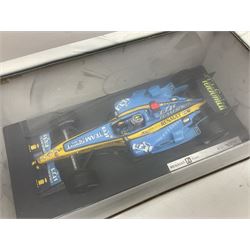 Five Mattel Hot Wheels 1:18 scale die-cast racing cars - Ferrari 248F1 Michael Schumacher, Renault F1 Team R25 Fernando Alonso, Williams F1 Team Williams FW28 Mark Webber, Jordan 199 Damon Hill and Williams F1 Team BMW; all boxed (5)