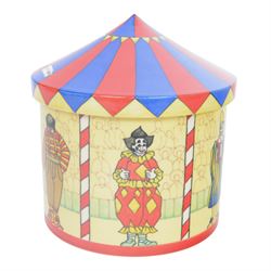 Dennis Chinaworks circus tent jar, designed by Sally Tiffin, the body decorated with clowns, upon a yellow ground, the lid decorated as a circus top, limited edition 12/25, impressed and painted marks beneath 