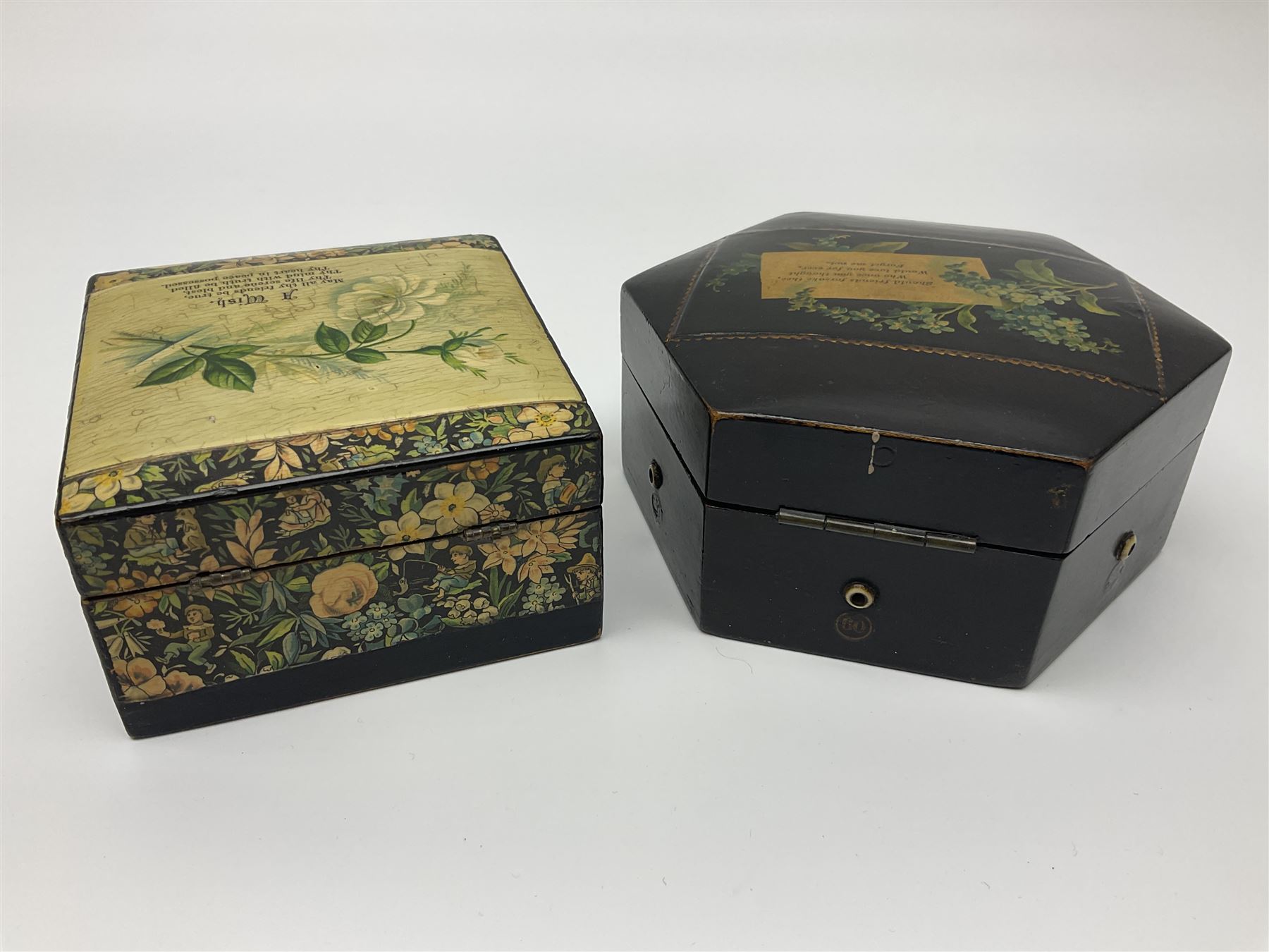 Mauchline ware black lacquered octagonal bobbin box, the hinged cover with forget-me-not floral decoration and sentimental verse, opening to reveal six bobbin holders and retail label for Clark & Co, together with a Mauchline ware sewing box, with floral decoration throughout and verse to hinged cover, a similar black lacquered needle holder and a Mauchline Tartan ware needle holder, largest diameter D11.5cm