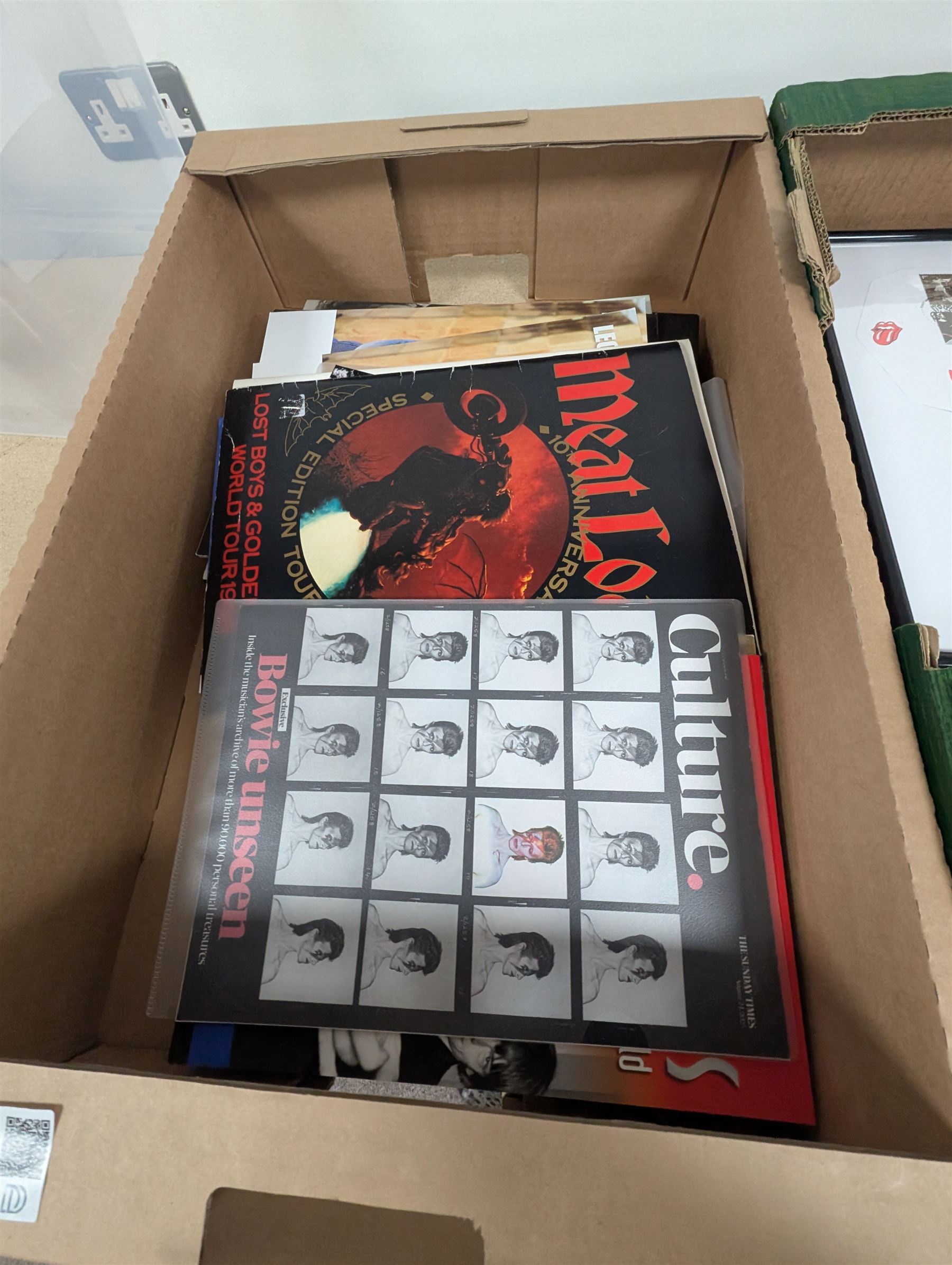 Collection of music memorabilia, including signed Peter Hook memorabilia, Status Quo, Rolling Stones, Neil Diamond, Joy Division tshirts, posters, books, etc