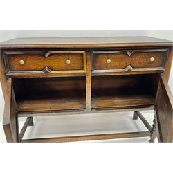  Jacobean style oak sideboard, two drawers above two cupboards, barley twist supports joined by stretchers 