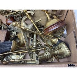 Quantity of brass ware to include pair of candlesticks, fireside accessories, swing handle bowl, horse figures etc in one box