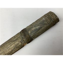 19th century Khanjali dagger, 33.5 cm double edged fullered blade with stamped makers marks, ornate cast grip, with engraved white metal scabbard, 46cm overall