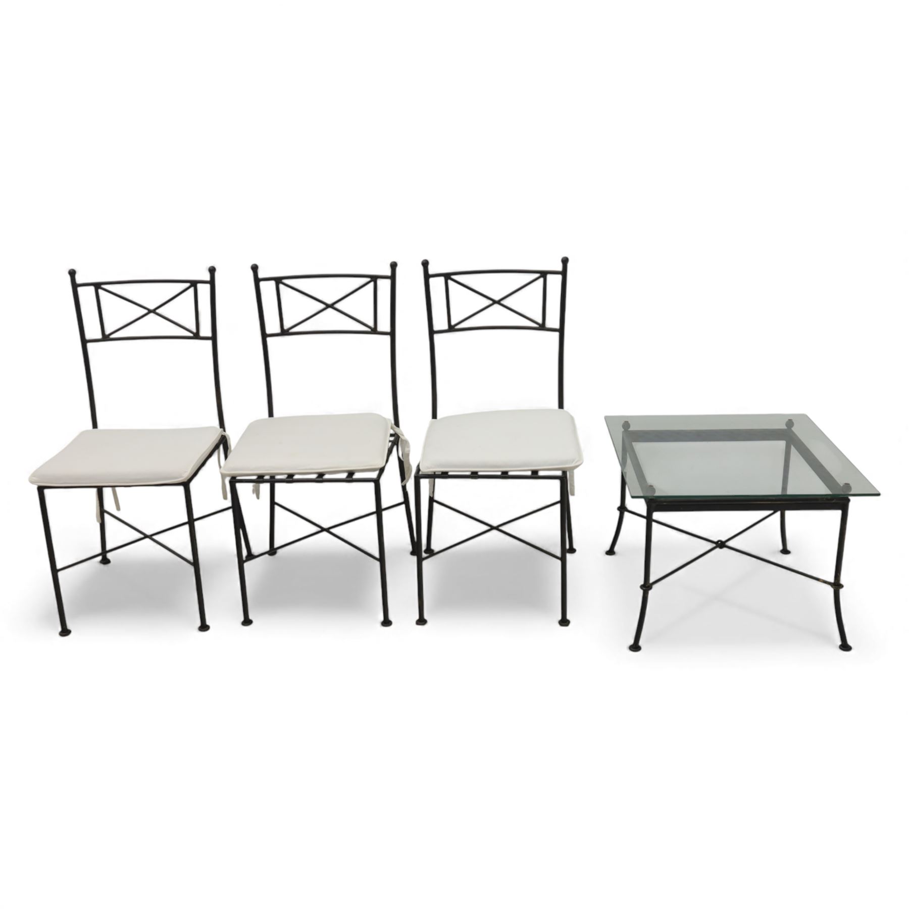 Modern metal and glass conservatory suite, comprising rectangular dining table with clear glass top and six matching metal framed chairs with upholstered seats, together with a matching glass topped coffee table
(Chairs H 92cm, W 42cm, Coffee table H 45cm, W 60cm)