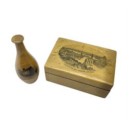 Mauchline ware box decorated with a view of 'Suspension and Tubular Bridges', and a bobbin case decorated with a view of 'St Tudnos Church. Llandudno', (2)