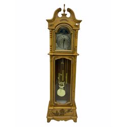 Classical light wood longcase clock, silvered dial by 'Wood and Sons' with dummy weight driven movement