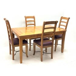 Mango wood and flagstone rectangular dining table (150cm x 90cm, H77cm) and set four high ladder back dining chairs