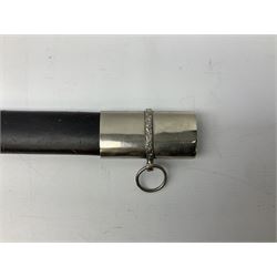 Reproduction Scottish basket hilted broadsword with 85cm double edged steel blade and red lined basket hilt with wire bound grip, in white metal mounted leather scabbard 107cm overall