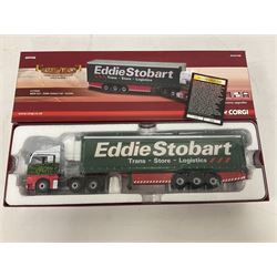Corgi Hauliers of Renown - four limited edition 1:50 scale Eddie Stobart heavy haulage vehicles comprising CC13812 Mercedes-Benz Actros Curtainside; CC15002 Iveco Stralis Curyainside; CC13722 Scania R Fridge Trailer; and CC15202 MAN XLX; all boxed (4)