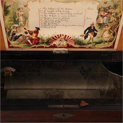 Swiss-Late 19th-century musical box playing ten airs, 62 tooth steel comb and brass cylinder, crank operated going barrel with a jewelled governor, with original tune sheet, W60cm