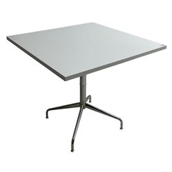 Set four contemporary white finish tables, square top raised on chrome pedestal with quadruped base (4) 