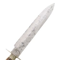 Unwin & Rodgers horn handle Bowie knife with leather scabbard, L33cm  