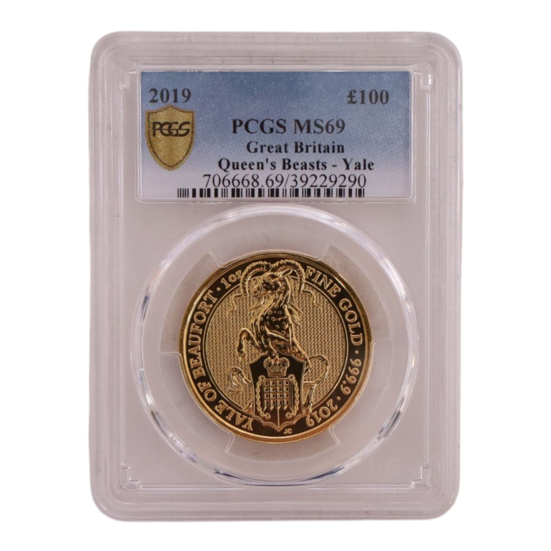 Queen Elizabeth II 2019 'Yale of Beaufort' one ounce fine gold one hundred pound coin, encapsulated by PCGS