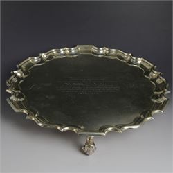 Late Victorian silver salver, of circular form with pie crust rim, with later presentation...