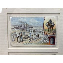 Six original illustrations for Liebig cards, mounted within a gilt frame, frame 71cm, W27cm