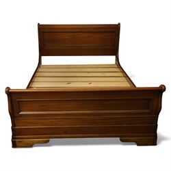 Willis & Gambier - French cherry wood double sleigh bed, with moulded panelled headboard and footboard, each with scroll ends, raised on shaped plinth supports