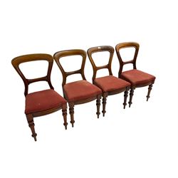 Set four early 20th century balloon back dining chairs, drop in seats, raised on turned supports