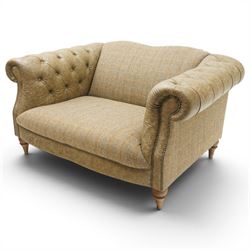 Tetrad - 'Matisse' snuggler armchair or loveseat, Chesterfield shape with rolled arms flanking a serpentine back and front, upholstered in herringbone pattern Harris Tweed and tan leather with close-nailed studwork, on turned feet