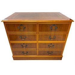 Georgian design yew wood filing cabinet, moulded rectangular top with inset leather, fitted with four cock-beaded filing drawers, on skirted base