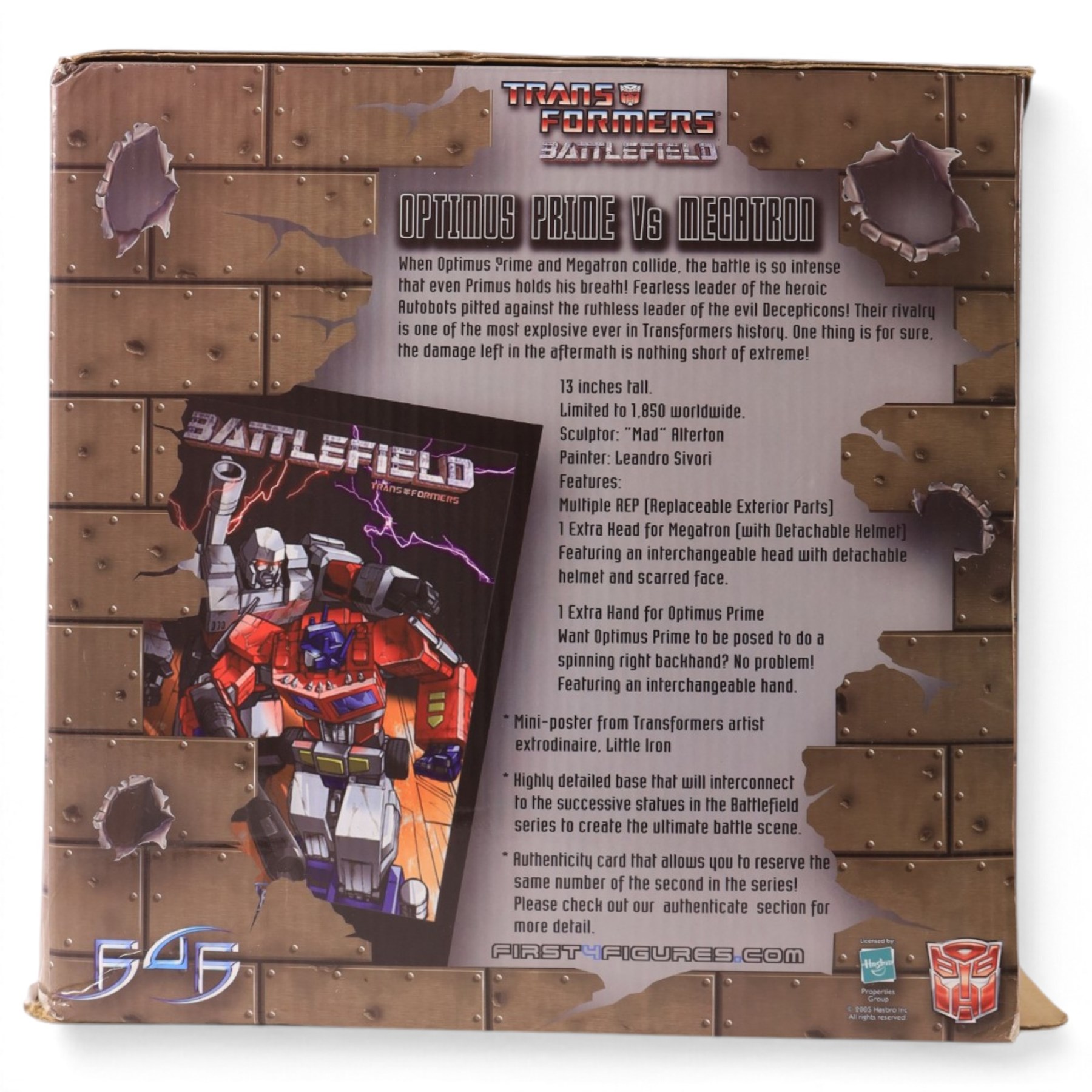 First 4 Figures Transformers Optimus Prime vs. Megatron model, together with a Hasbro Transformers Bumble Bee bust and a Hasbro Transformers Alarm Clock, all boxed