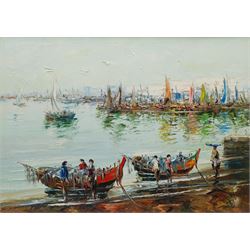 Continental School (20th century): Impressionist Harbour Scene with Figures, oil on canvas unsigned 48cm x 68cm