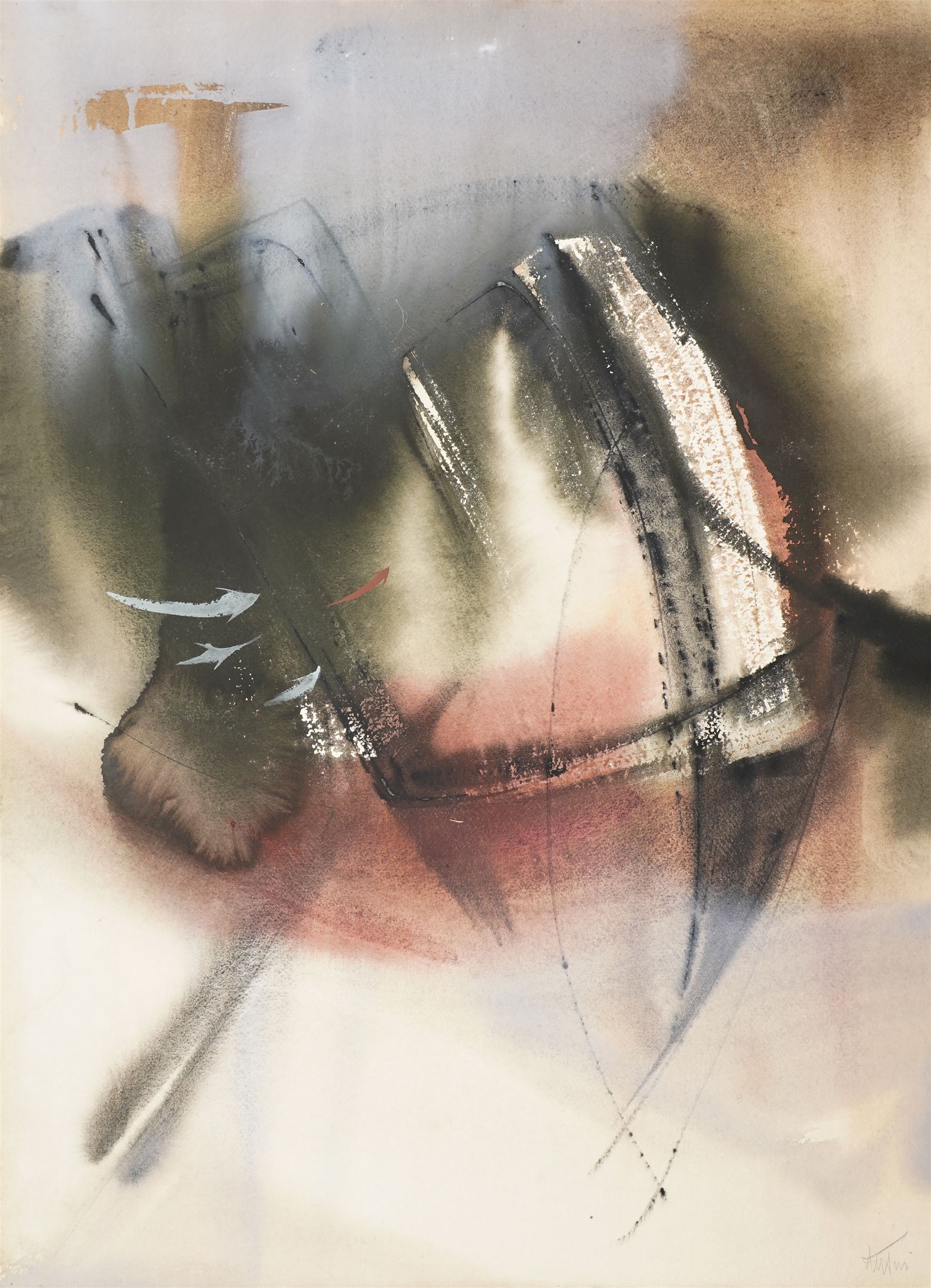 Willy Tirr (German 1915-1991): Abstract Boat on Water, watercolour signed 77cm x 56cm (unframed)