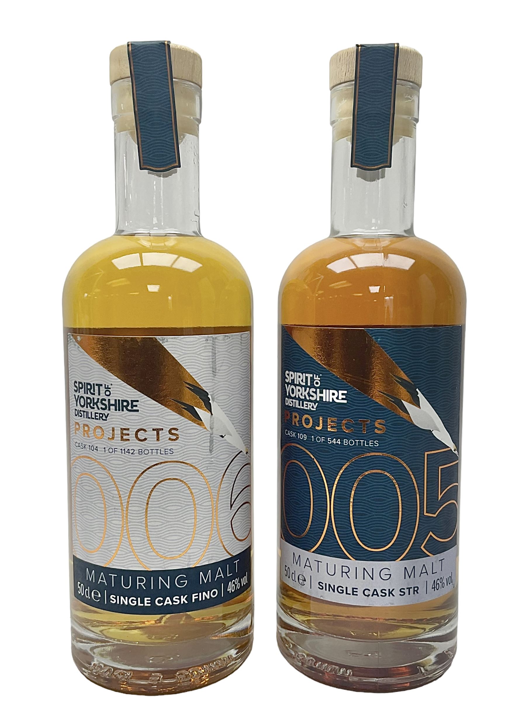 Spirit of Yorkshire Distillery, distillery projects maturing malt, project number 5, limited edition 1/544 and project number 6, limited edition 1/1142, 50cl, 46% vol (2)