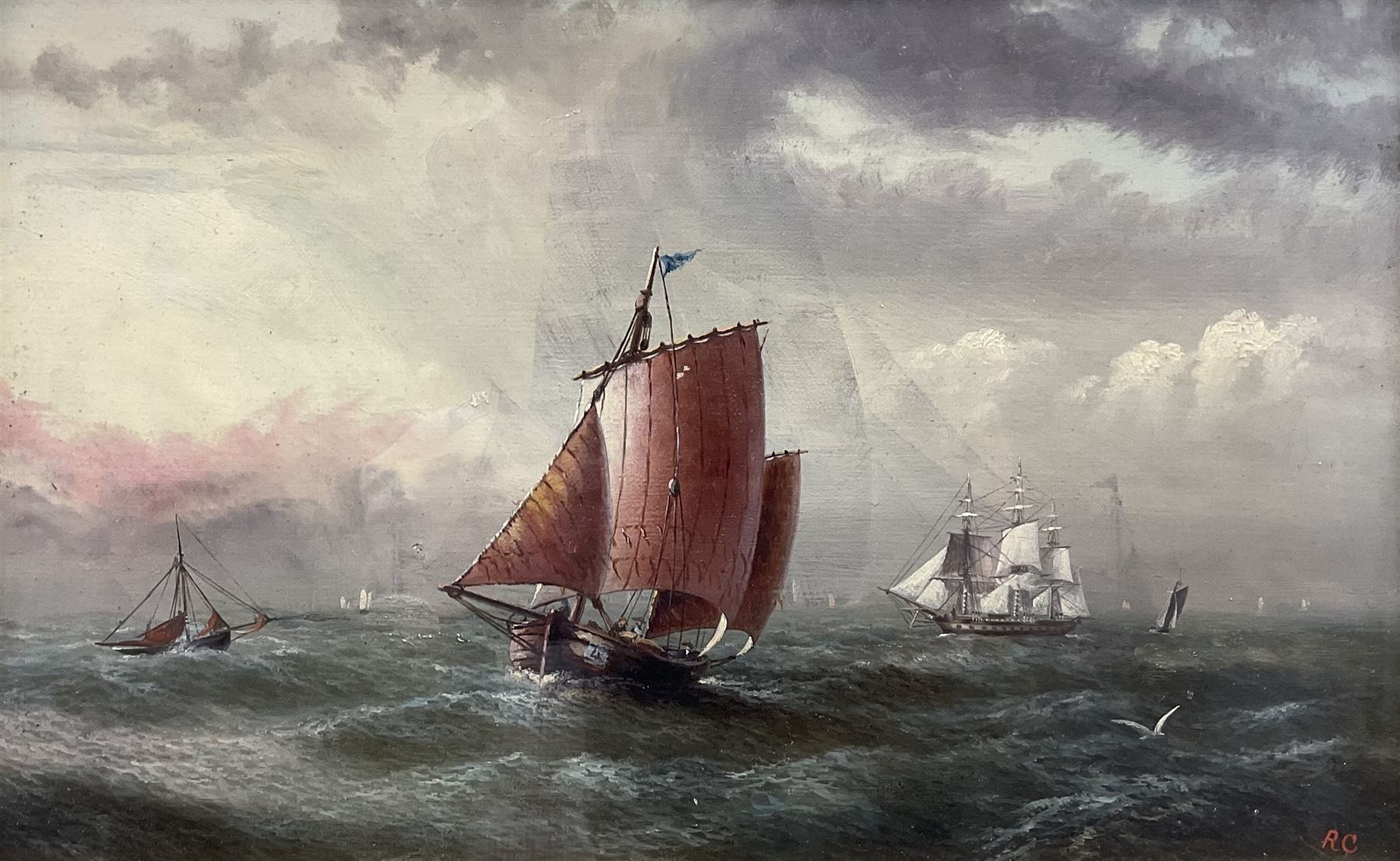 R Coverdale (British 19th/20th century): Fishing Yawl and other Masted Vessels at Sea, oil on canvas signed with initials, signed and dated '78 verso 22cm x 34cm