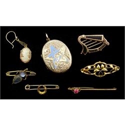 Rose gold, Scottish hardstone harp brooch Birmingham 1906, two 9ct bar brooches moonstone and horseshoe brooches unmarked, and a scroll locket etc