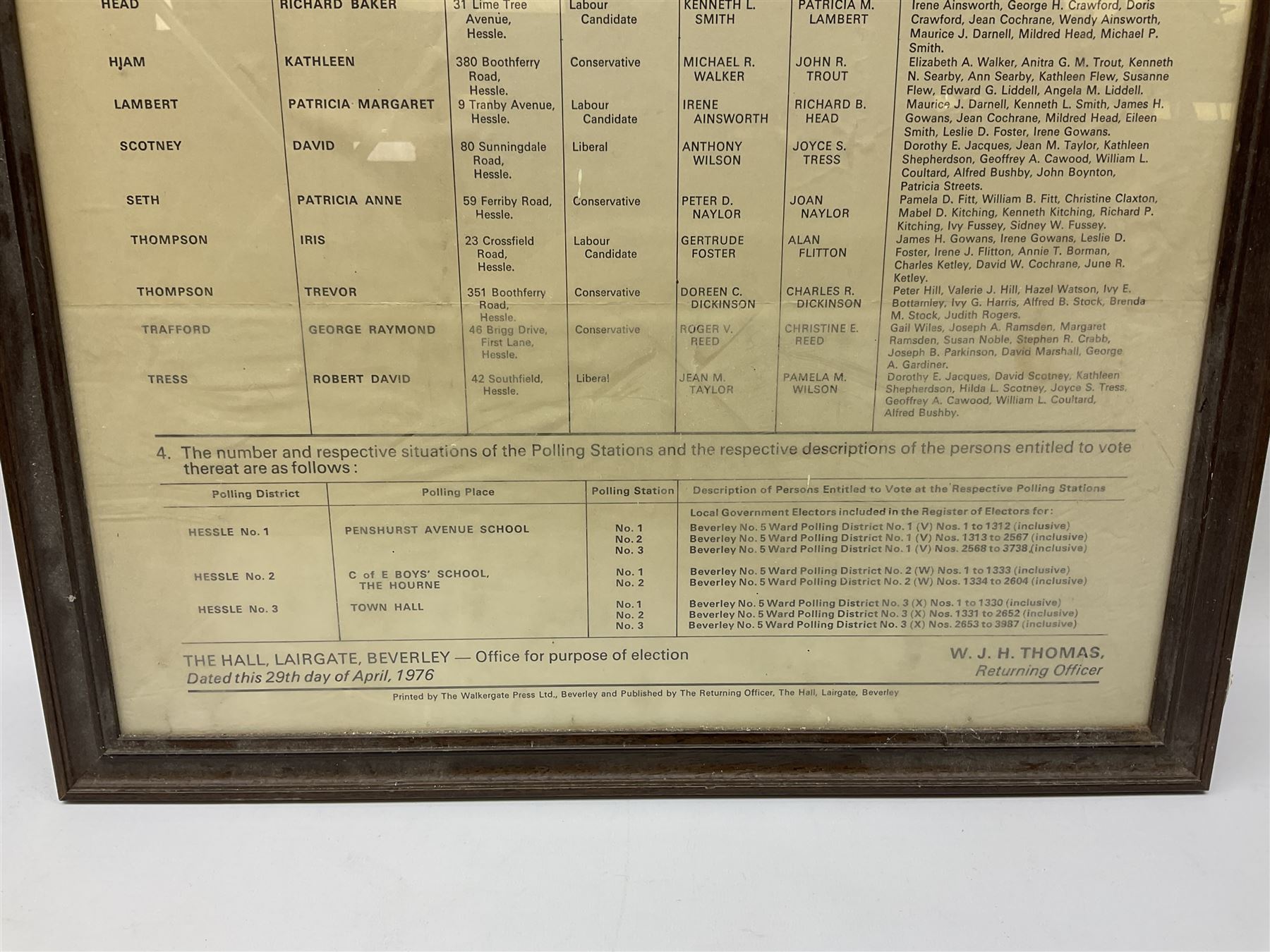 Two 19th century Beverley Race posters - 11th/12th May 1842 with vignette of a horse race 35 x 23cm; and 17th March 1854; each in ebonised frame; together with 'Notice of Poll .... Beverley No.5 Ward' 6th May 1976 78 x 43cm in mahogany stained frame (3)
