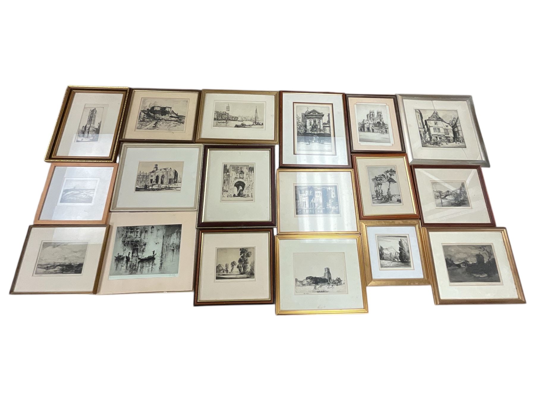 Collection of etchings, artists including Herbert Gordon Warlow, Henry Percy Huggill, David Robertson, Eliab George Earthrowl, Kevin Brown, Geoffrey Heath Wedgwood, Louis Conrad Rosenberg, Frank Brangwyn, Martin Hardie, John Shapland, Oliver Hall, Sydney Mackenzie Litten, Percy Lancaster, Willie Rawson, etc (18)