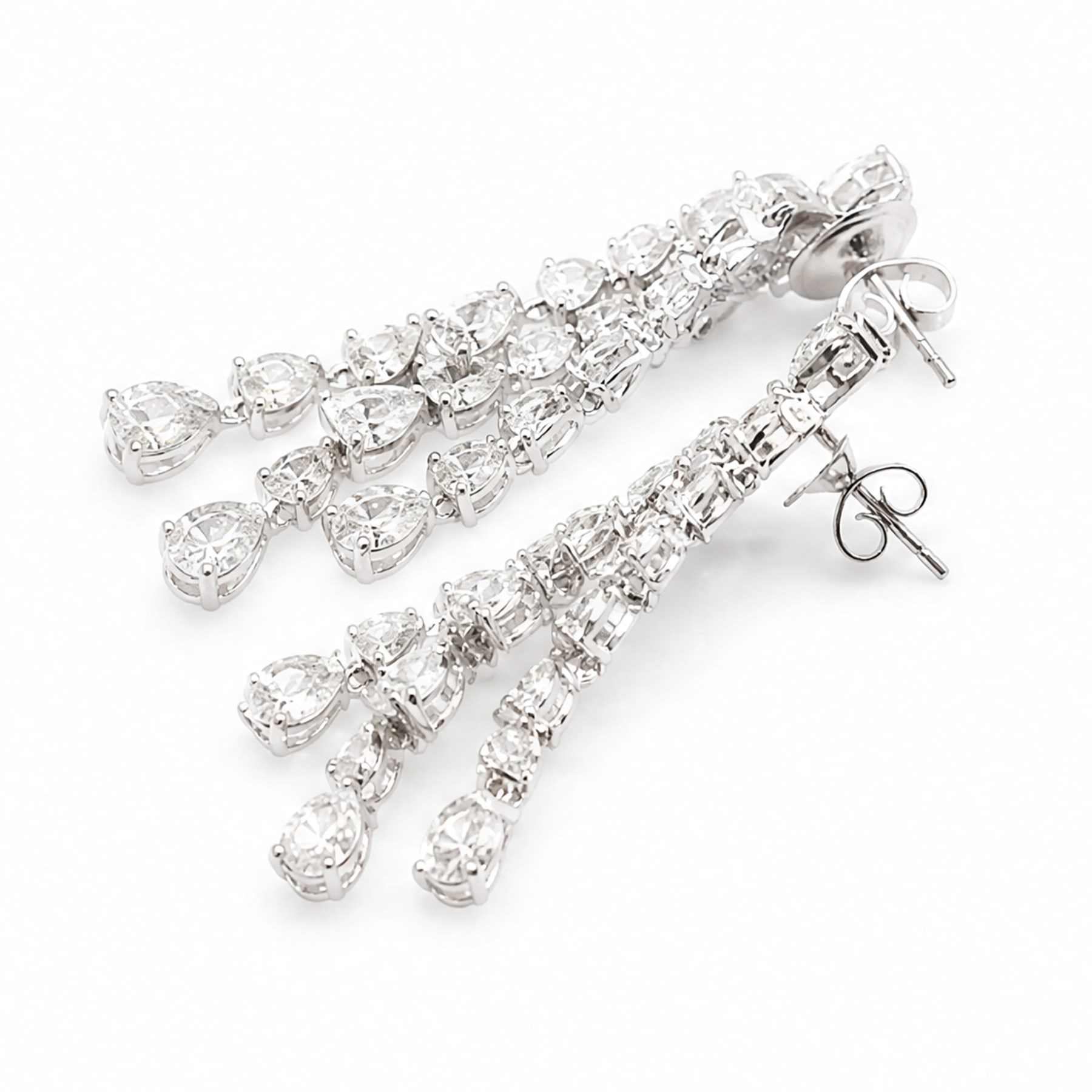 Pair of 18ct white gold diamond pendant earrings, each stud set with pear cut diamond, suspending three rows of graduating pear cut diamonds, total diamond weight approx 7.60 carat