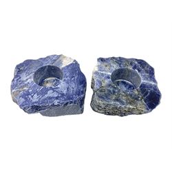 Pair of polished sodalite tealight holders, H4cm, D10cm