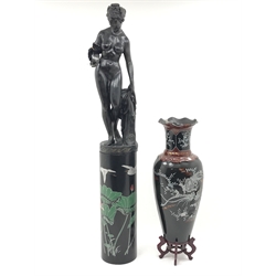 A Japanese lacquered composite floor vase with mother-of-pearl decoration, H99cm and floor standing bronze finish figural lamp on a large cylindrical oriental style plinth. (3).