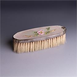 Mid 20th century silver mounted hairbrush and clothes brush, with guilloche enamel floral decoration, hallmarked Adie Brothers Ltd, Birmingham 1960, together with an silver mounted glass scent bottle, the glass with etched floral decoration and engine turned cover, hallmarked 