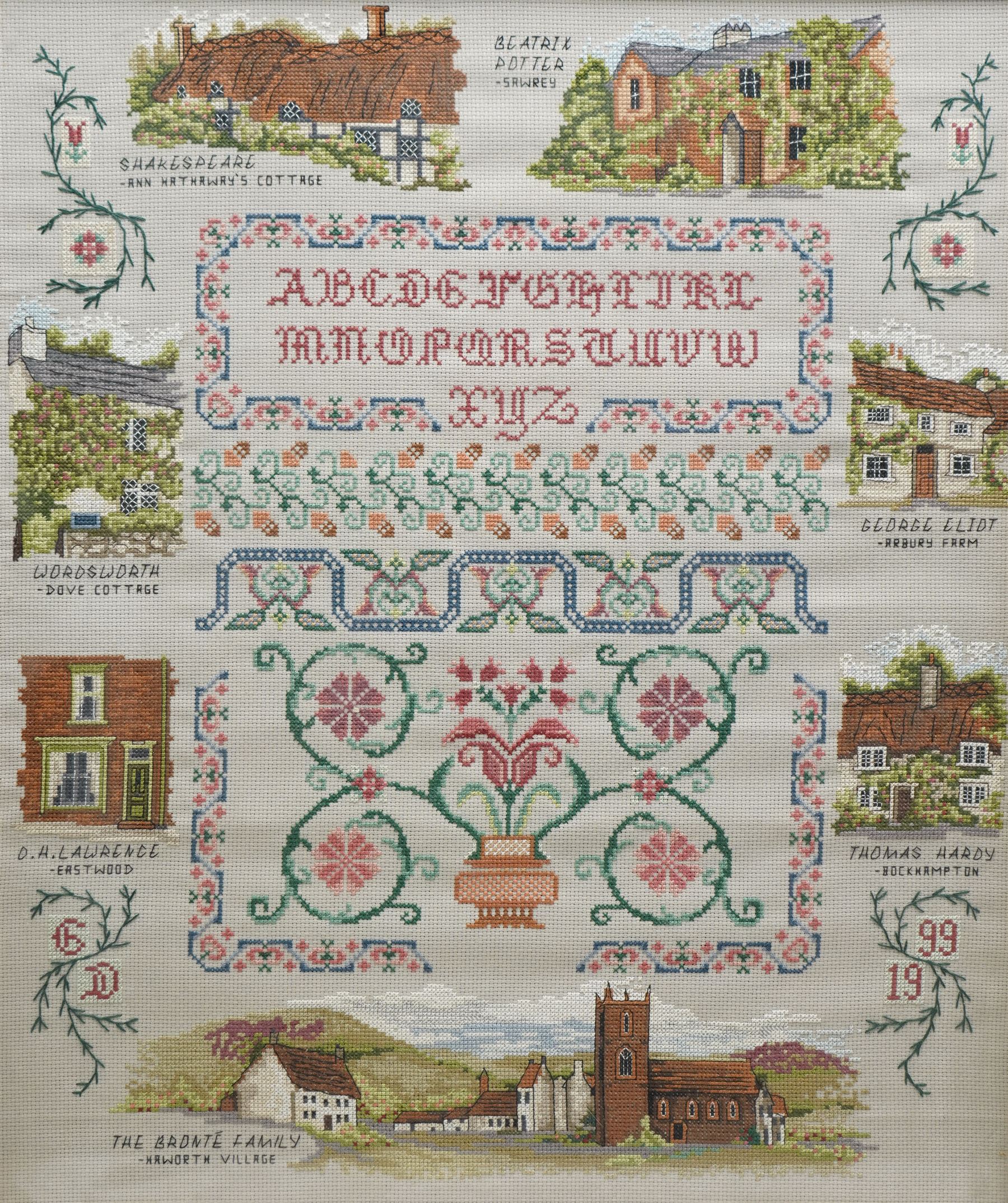 20th century needlework sampler depicting panels of famous historical author's and their houses, to include: Shakespeare, Beatrix Potter, George Eliot, Thomas Hardy, the Bronte Family, D H Lawrence and Wordsworth 54cm x 46cm