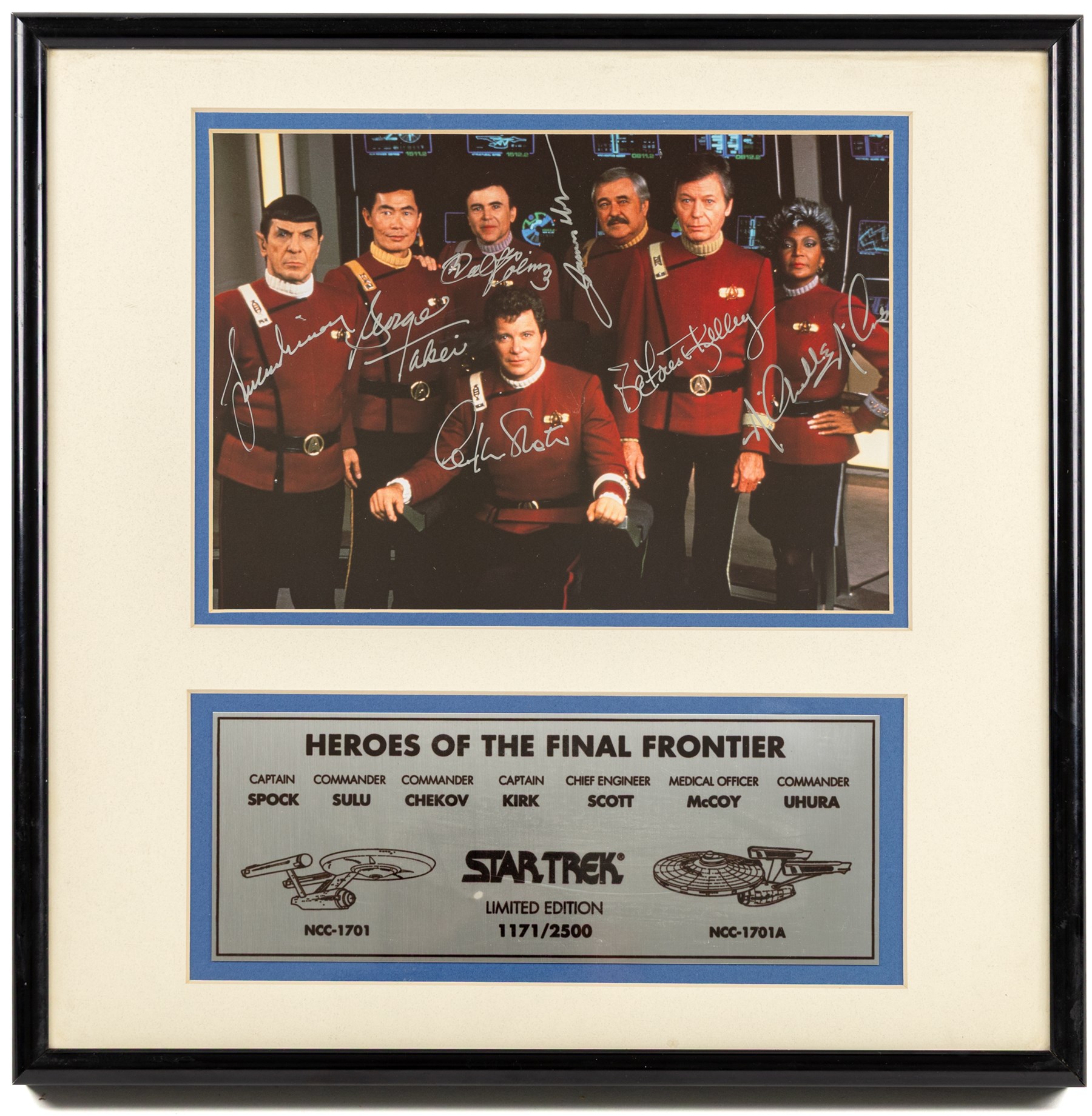 Heroes of the Final Frontier, limited edition autographed photograph, signed by Leonard Nimoy, George Takei, Walter Koenig, William Shatner, DeForest Kelley and Nichelle Nichols, limited edition no. 1171/2500, in a modern black frame, frame H41cm