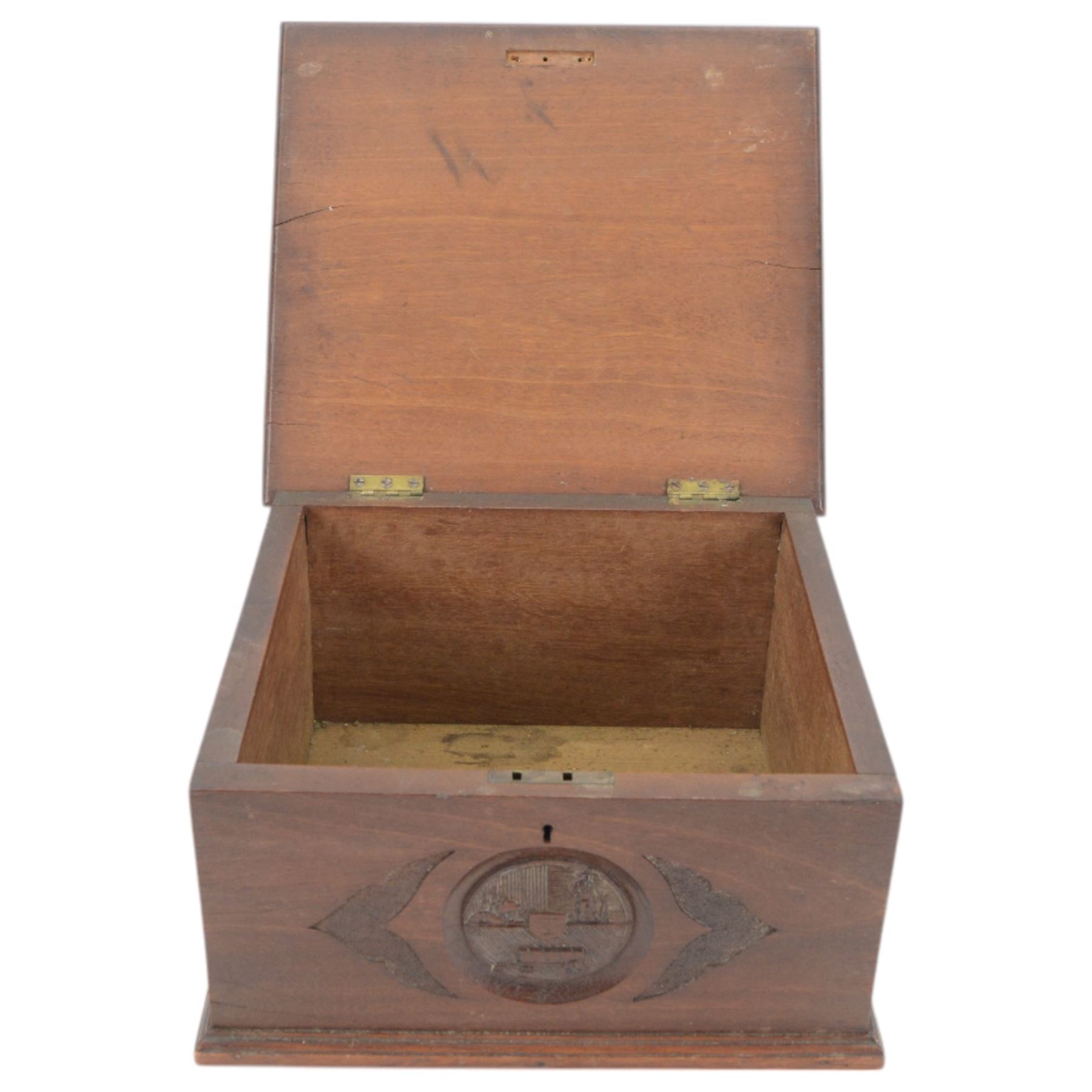 Carved oak box, with Kings Royal Rifle Corps decal to the hinged lid, H17cm