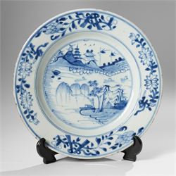Three Chinese Kangxi period blue and white plates, painted in underglaze blue with various patterns, including Butterfly and Rockery, Pagoda and River Landscape, and floral sprays, each approx. D23cm (3)