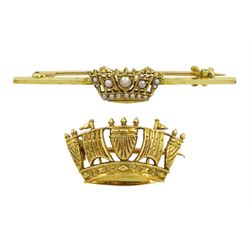 Early 20th century gold naval crown brooch, stamped 15ct and one other set with seed pearls, stamped 14ct, boxed