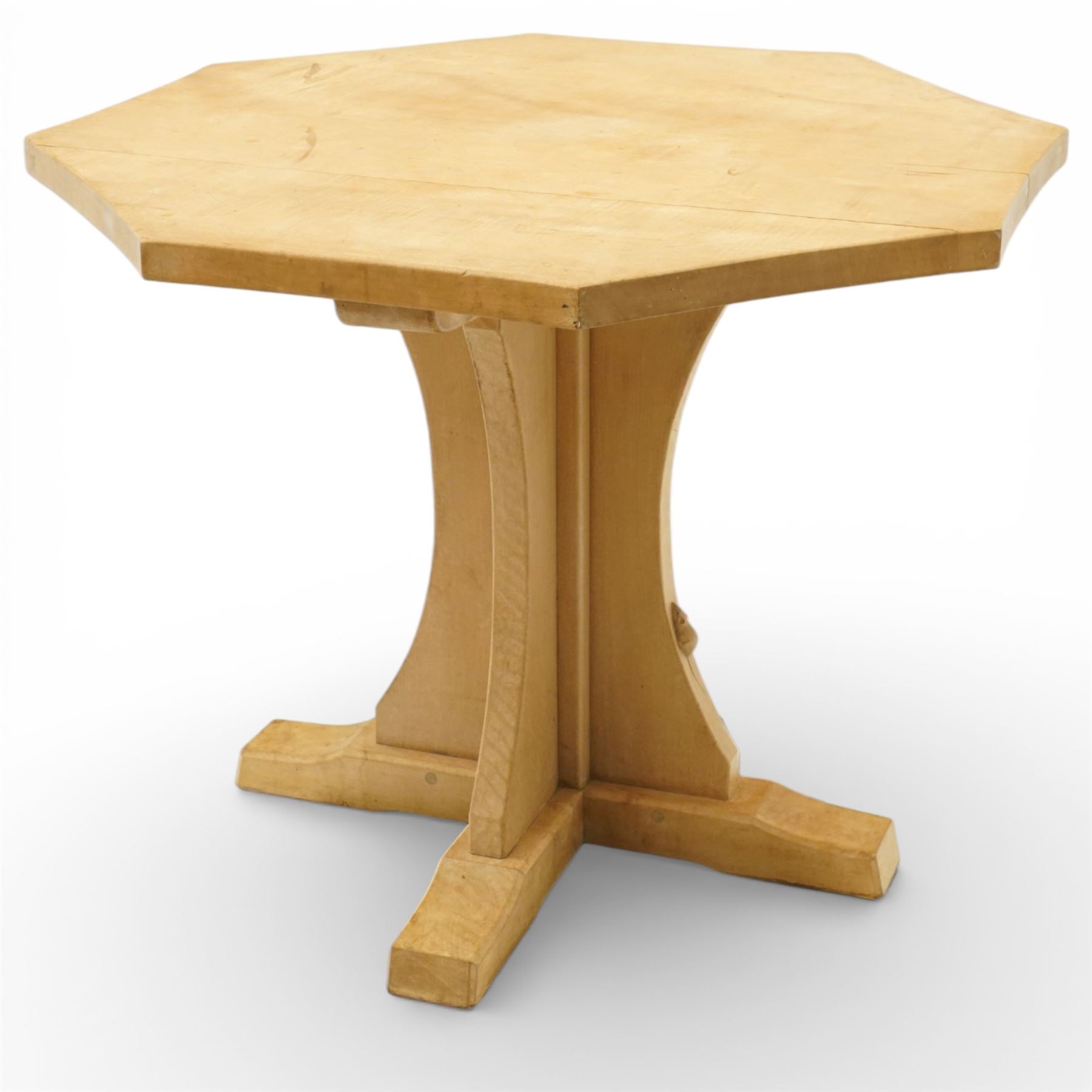 Mouseman - unusual adzed light sycamore wood octagonal dining table of small proportions, the adzed top with chamfered edge, on quadriform base with carved mouse signature, by the workshop of Robert Thompson of Kilburn
