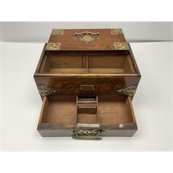 Brass mounted oak humidor, the slide action top opening to a base drawer, cedar lined with central compartment and striker, the drawer stamped Rd 107198, H17cm, D18cm