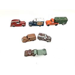 Timpo Toys - six unboxed and playworn die-cast commercial vehicles comprising Ever Ready van; friction-drive GWR Parcel Traffic van; Victor van; low-loader; furniture van; and Fire-Engine (lacking ladders) (6)