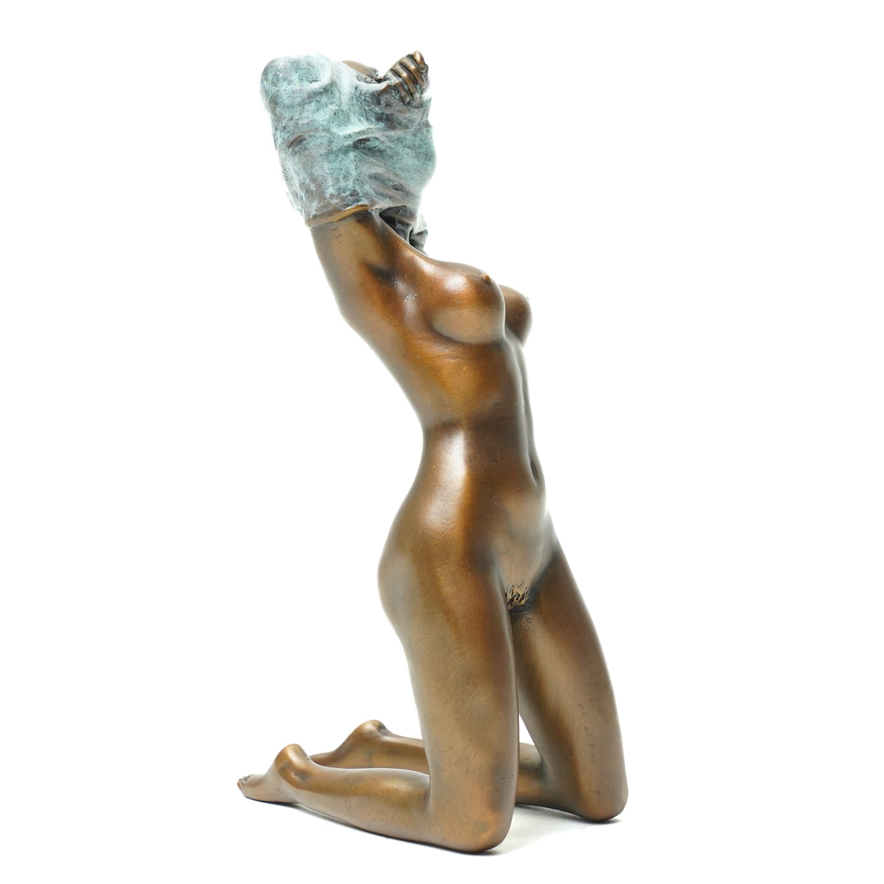 After Milo - bronze figure of a kneeling nude figure removing her shirt, bearing signature H17cm