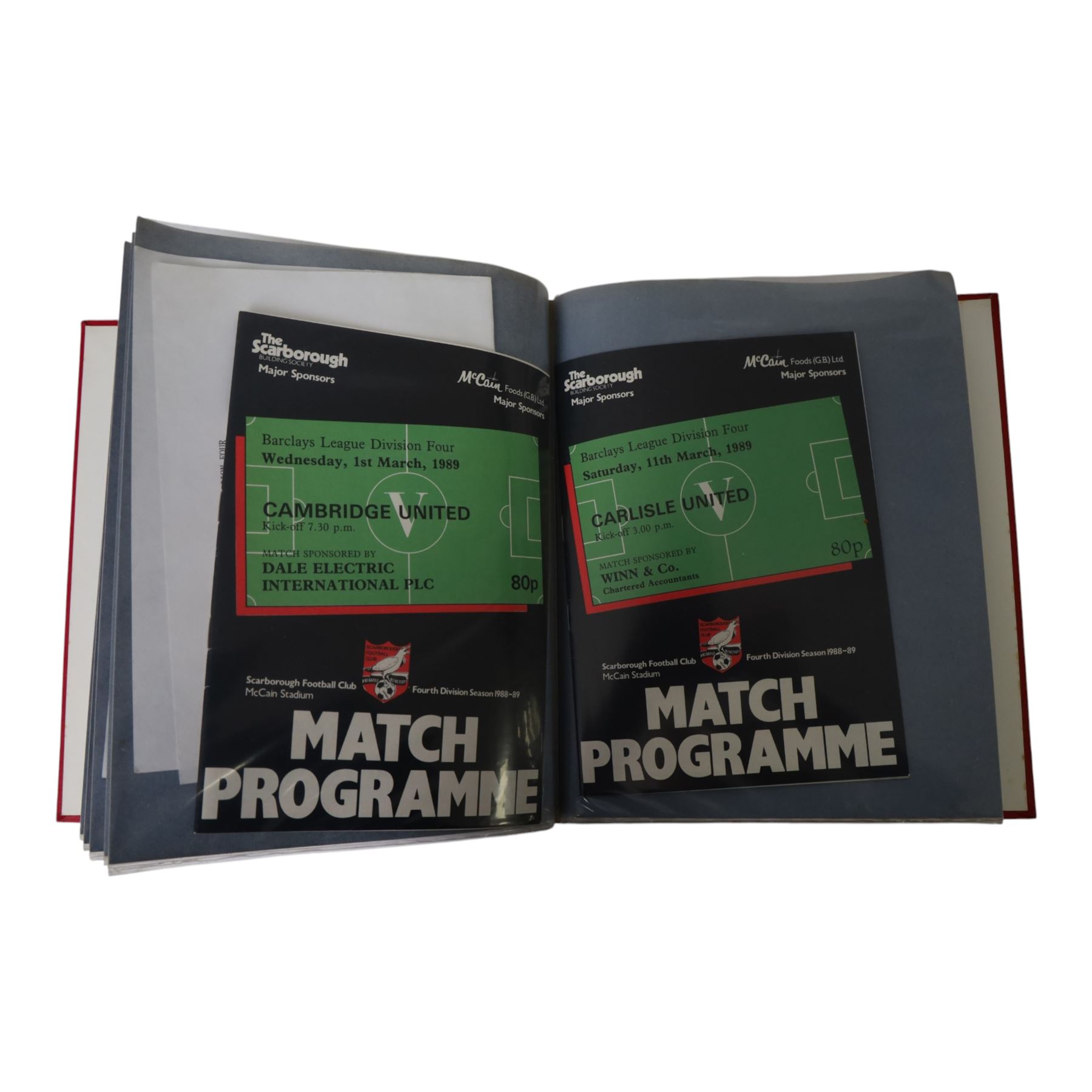 Comprehensive collection of approximately one-hundred and ninety Scarborough FC football programmes for the 1987/88, 1988/89 and 1990/91 seasons, all filed within six dedicated Scarborough FC red Home and Away binders 