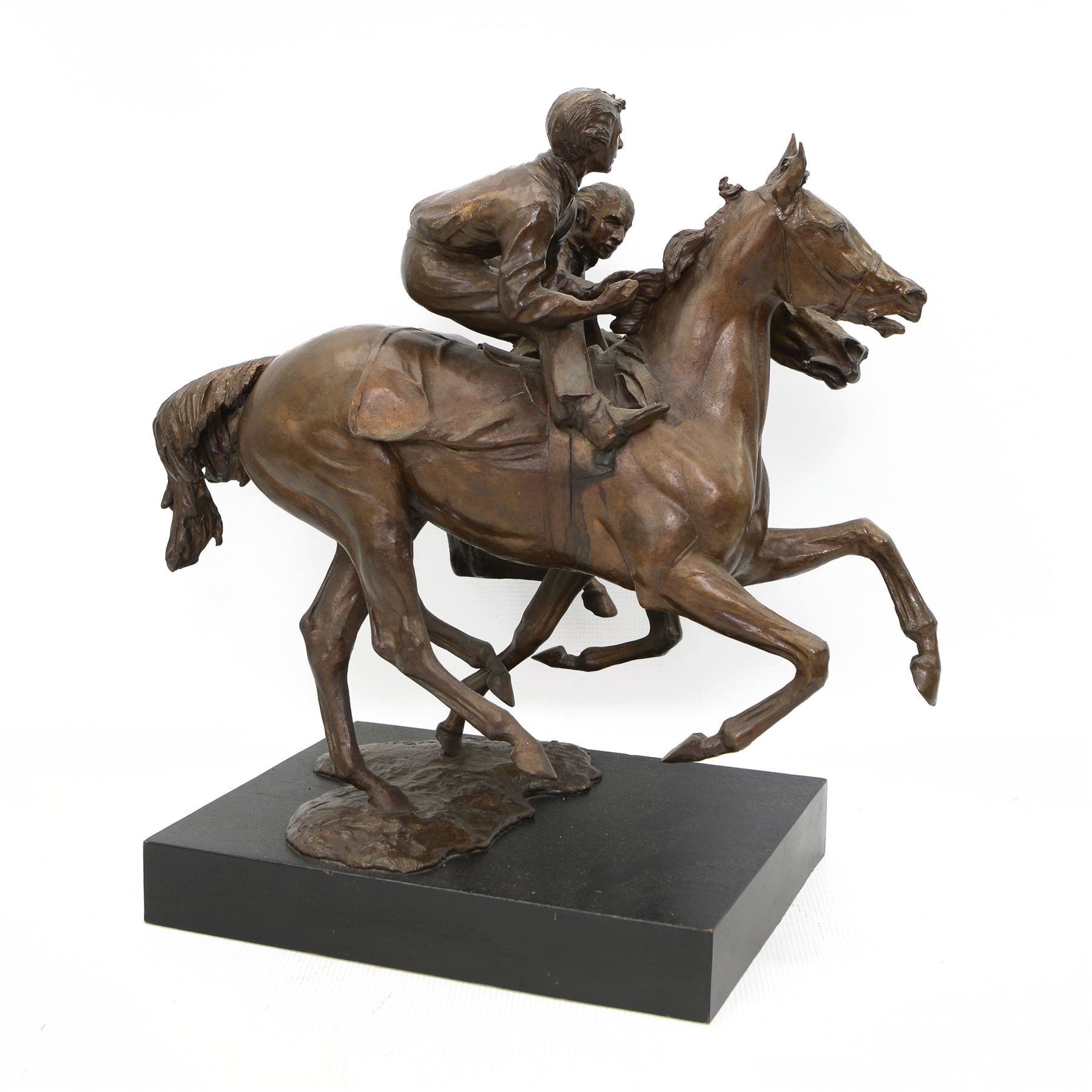 Bernard Winskill  (d1980) - 'Upsides on High Moor' a bronze group of two horses and riders, signed, on wooden base 45cm x 48cm